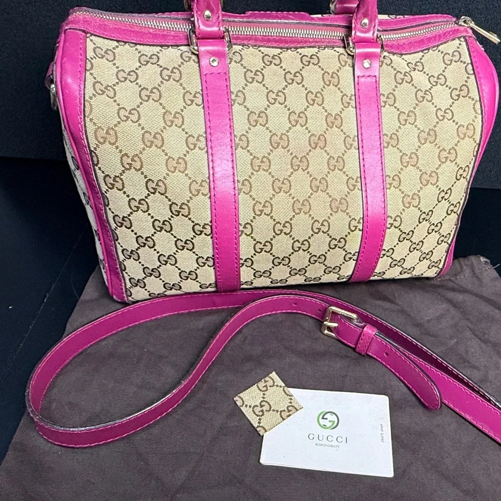 Gucci Beige GG Canvas Satchel with Bright Pink Leather Trim